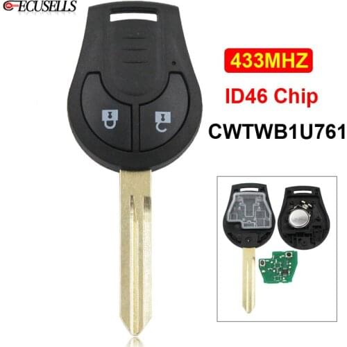 2 Button Remote Key Smart Car Key Fob 433mhz with ID46 Chip Uncut Blade FCC ID: CWTWB1U761 For Nissan Micra K14 2010