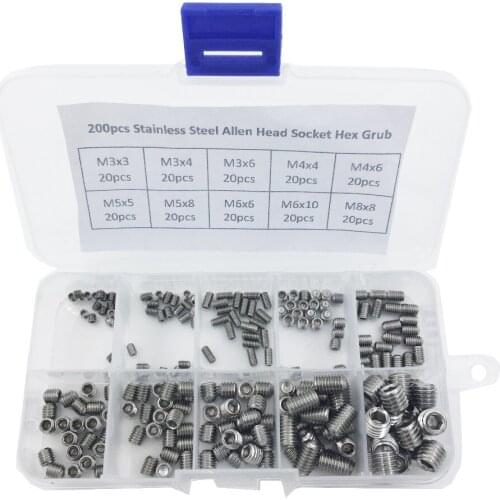 200pcs Stainless Steel Allen Head Socket Hex Grub Screws Fastening Screw Flat Assortment Set