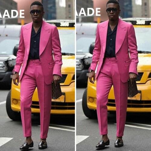 Hot Pink Mens Tuxedos Groom Wedding Suits Slim Fit One Button Peaked Lapel Plus Size Prom Party Blazer Suit (Jacket+Pants)