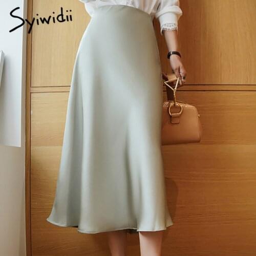 Syiwidii Satin Long Skirts for Women High Waist 2021 Summer Fall Office Lady A Line Midi Skirt Blue Black Beige Green Skirts