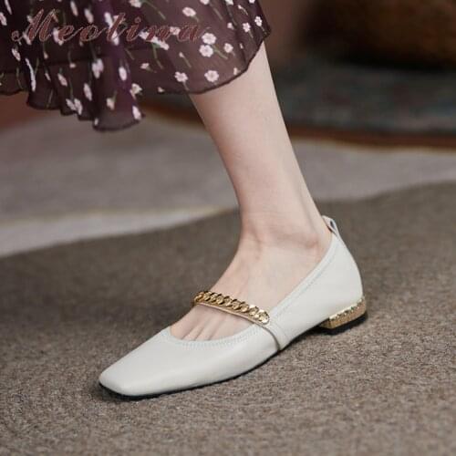Meotina Genuine Leather Women Mary Janes Shoes Round Toe Flat Shoes Chain Causal Ladies Footwear Autumn Cow Leather Beige 33-40