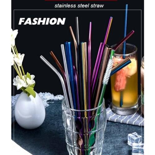 12Pcs Reusable Stainless Steel Straws with Cleaning Brushes Storage Bag Metal Drinking Straw