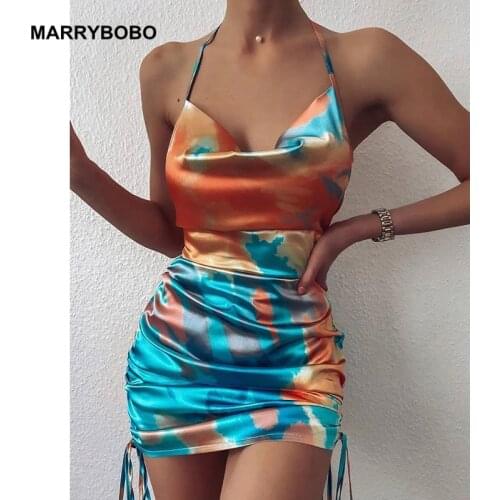 2020 Sexy V-Neck Satin Club Party Dresses Women Spaghetti Strap Mini Bodycon Dress Vintage Tie-dye Print Drawstring Dress