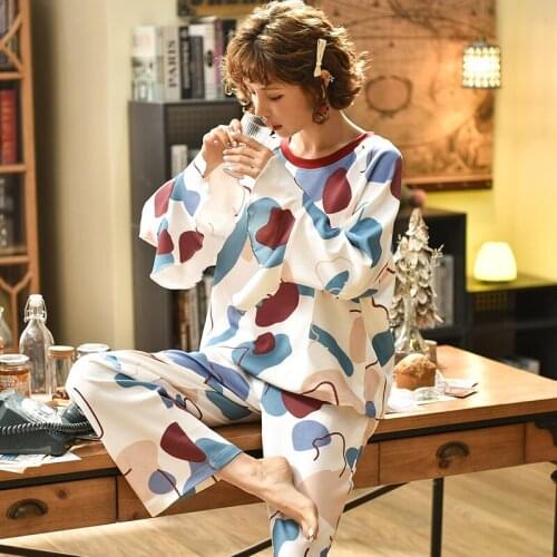 6535 Cotton Pullover Long Sleeve Trousers Pajama Jammies Autumn Winter Girl Lady Womens O-Neck Sleepwear Nightwear Pyjamas cke