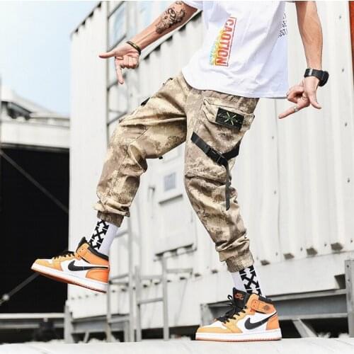 Streetwear Harem Joggers Men Ribbons Side-pockets Camouflage Military Mens Trousers Casual Slim Cargo Pants For Man