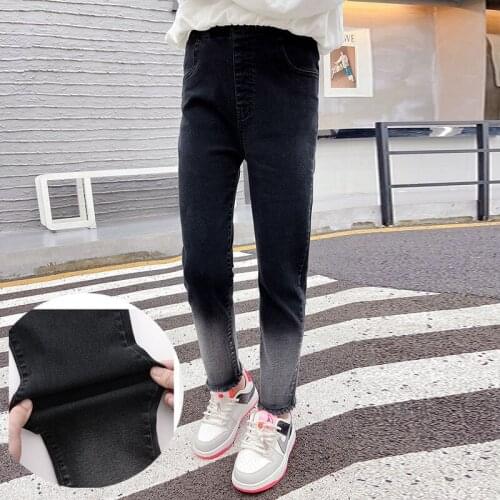 High elastic skinny jeans pants teenage girls tassels mid waist black gray patchwork denim trousers for kids fashion bottoms