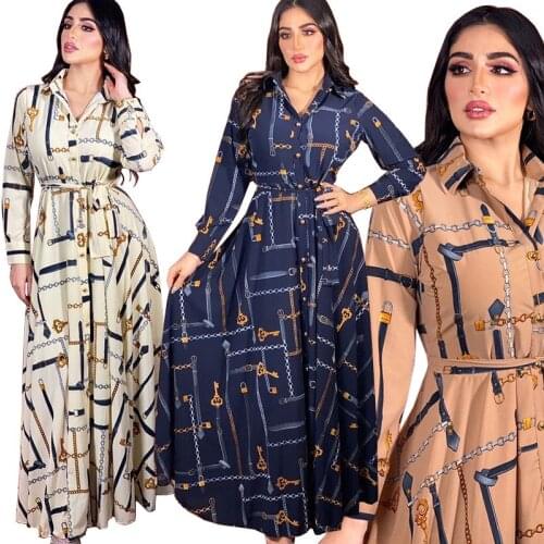 Graceful Women Plaid Printing Floor-length Dress Muslim Style Turn-down Collar Single-breasted Sashes 2021 Autumn Dresses