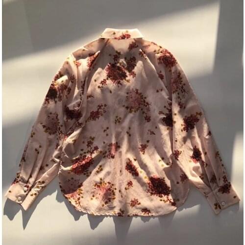 ElfStyle Silk Cotton Laides Light Pink Long Sleeve Lapel Printed Blouse Shirt Top