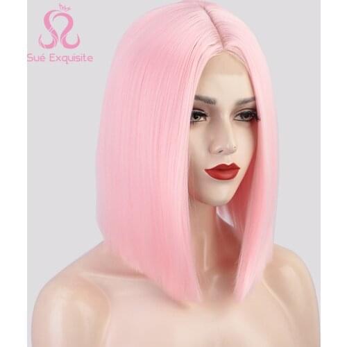 SUe EXQUISITE Synthetic Pink Wigs Short Straight Bob Wigs for Women Cosplay Wig Middle Part Party Daily Use Shoulder Length