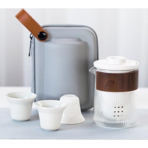 Ceramic Travel Tea Set With One Pot And Three Cups Of Glass Portable Kungfu Teaware White Black Office Glass Filter Flower Gifts