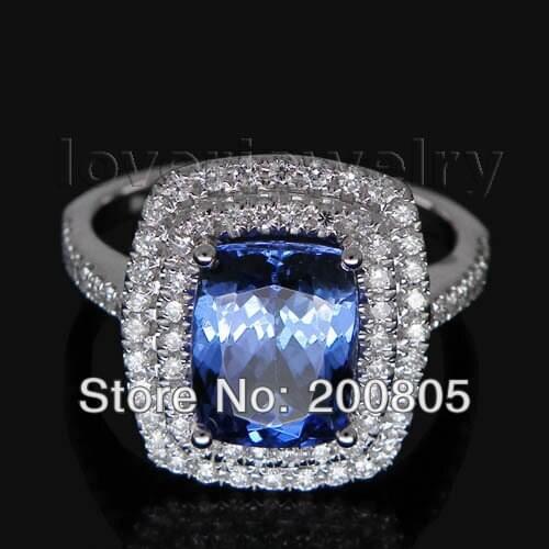 LOVERJEWELRY Vintage Jewelry Cushion 7x10mm Solid 18kt White Gold Natural Diamond AAA Tanzanite Ring