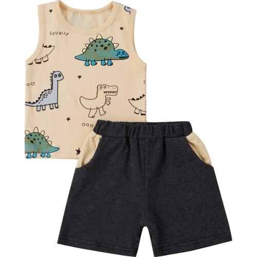 Citgeett Summer Kids Baby Boys Dinosaur Set Sleeveless Printed Tops Elastic Head Short Pants Clothes Set