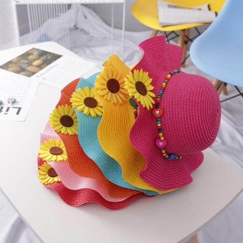 Summer child baby girl casual flower foldable straw hat New kids sun protection caps for beach party