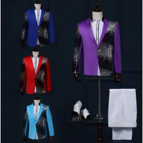 Paillette stage clothing for men suit set with pants 2020 mens wedding suits costume groom formal dress take a photo chorus red