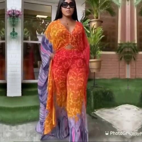 Dashiki 2 Piece Set Women Africa Clothes African New Fashion Two Piece Suit Long Coat Tops And Wide Pants Party For Lady Sets