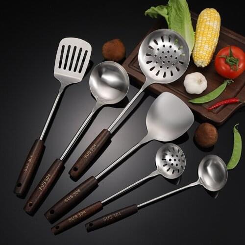 NEW 304 stainless steel kitchenware set household wooden handle spatula leaky spoon kitchen cooking scoop frying spade cookware