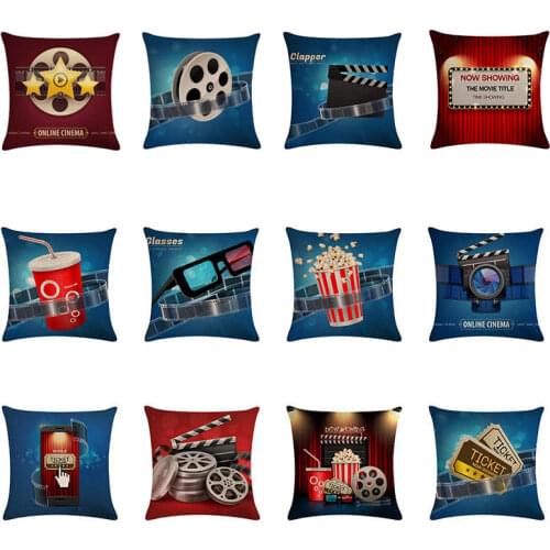 45x45cm Poster Pillow Covers Movie Theater with Popcorn,Filmstrip,Clapboard Pattern Home Decor Couch Cotton Linen Pillow Case