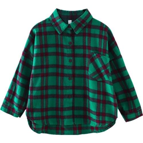 Girls Long Sleeve Turn-Down Collar Plaids Brife Style Casual Fashion Loose Fit Shirts Cotton Spring Autumn Shirts