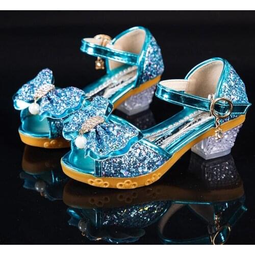 Girls Sandals Summer 2021 New Childrens Princess Shoes Little Girls High-heeled Bow-knot Crystal Sandals Party Dress Wedding