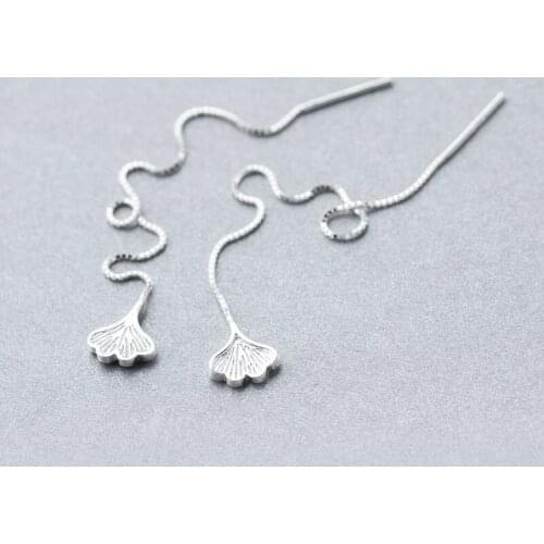 MloveAcc Fashion Simple Real 925 Sterling Silver Long Tassel Earrings Boho Ginkgo Biloba Leaves Earrings for Women