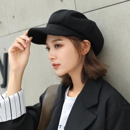 Wool Women Girls Beret hats Autumn Winter Solid Color Octagonal Cap Stylish Artist Printer Newsboy Caps Black Grey Beret Hat