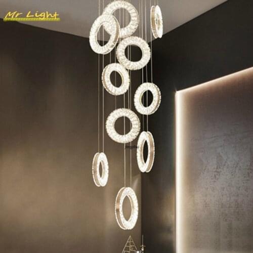 Modern LED Crystal Chandeliers Lamp Ring Hanging Lamp Individual Duplex Villa Spiral Staircase Lights Hotel Hall Deco Luminaries