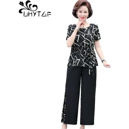 UHYTGF Middle-Aged Mother Summer Two-Piece Sets New Short-Sleeved Pullover Tops Women Tracksuit Loose Plus Size Suit Female 1591