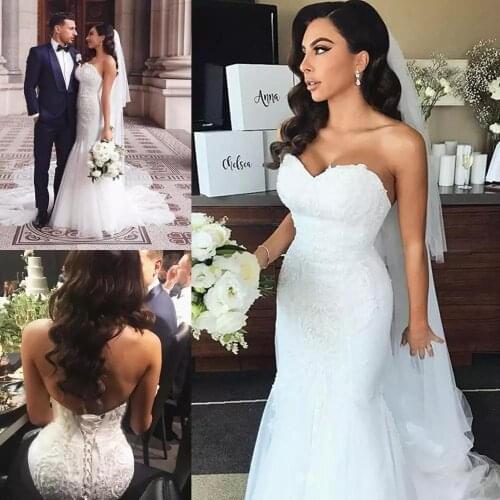 Vintage White Mermaid Lace Wedding Dresses Sweetheart Lace Tulle Sweep Outdoor Corset Back Formal Bridal Gowns 2021 Marriage