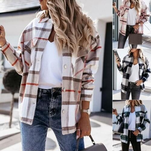 Women Loose Casual Vintage Plaid Blouse Long Sleeve Shirt Button Up Shirt Collared Tops Autumn Spring Fashion Coat Mujeres