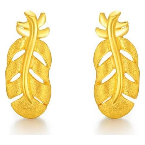 Solid 24K Yellow Gold Earrings Women Feather Stud Earrings 1.64g