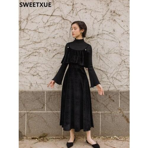 SWEETXUE Womens Flared Sleeve Turtleneck Sweater + Ruffled Sling Velvet Long Skirt Elegant Chic 2021 Autumn 2 Piece Set Outfits