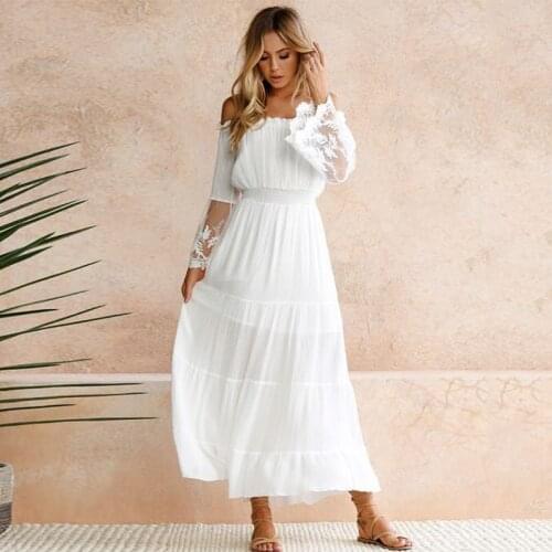2020 New Fashion Off Shoulder White Lace Dress Lady Shirt Dress Long Sleeve Casual Dresses Elegant Midi Dress Robe