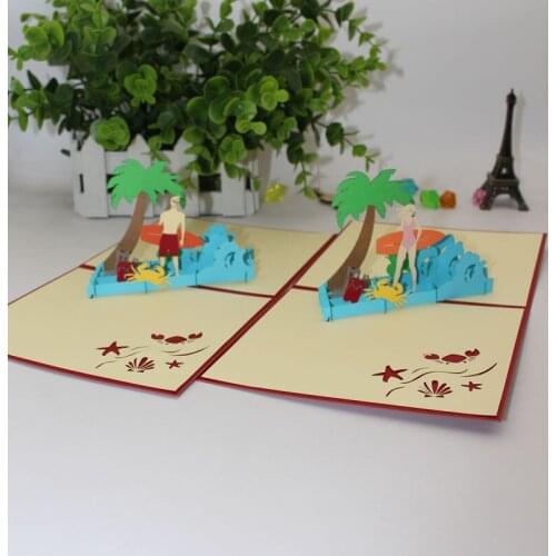 3D Laser Cut Handmade Red Cover Seashore Surfing Boy Girl Paper Invitation Greeting Cards PostCard Birthday Creative Gift