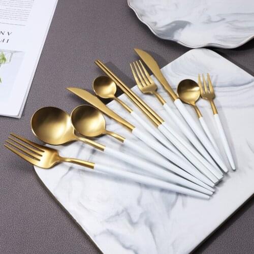 4pcs Cutlery Set White Gold Dinnerware Sets Round Handle Dining Spoon Fork Knife Kit 18/10 Stainless Steel Western Tableware Set