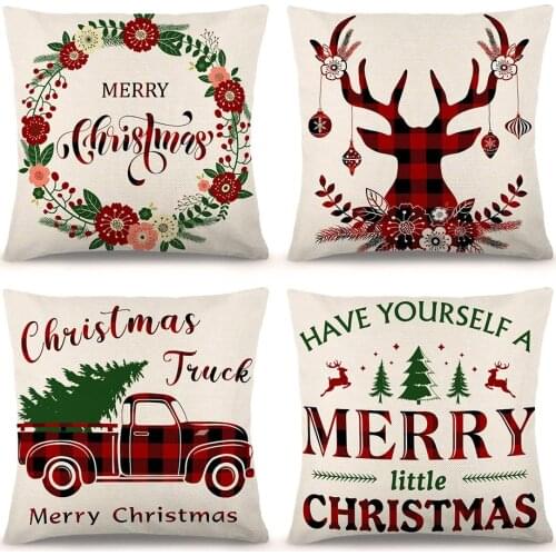4pcs 45X45cm Washable Christmas Pillowcase Durable Linen Vintage Plaid Sofa Cushion Cover Pillowslip Christmas Decoration Home
