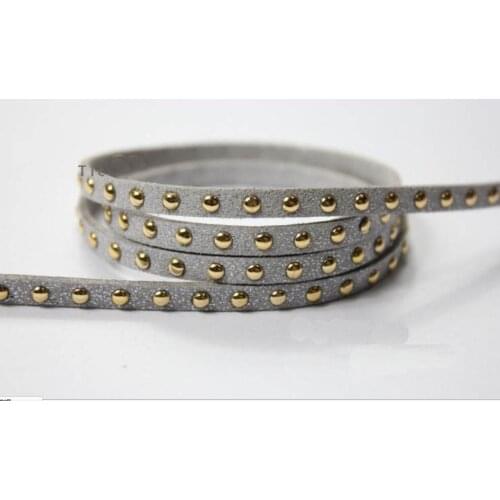 Free Ship 100 meters 5mm Gray Glitter Suede Leather Cord With Gold Studs, 5mm Flat Suede Leather