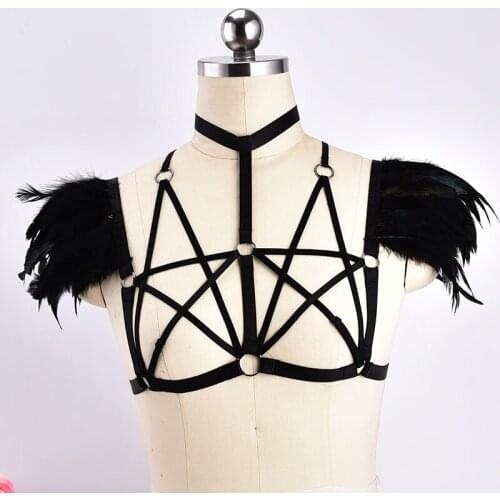 Feather Shrug Black Harness , Pentagram Bralette , Gothic Feather , Harajuku Body Cage Bra , Festival , Women Mature , Burlesque