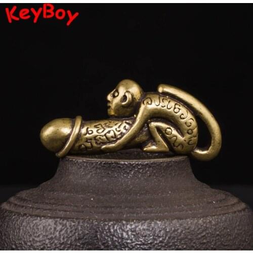 Pure Brass Zodiac Monkey Penis Pendant for Keychain Creative Funny Car Key Chain Hangings Jewelry Vintage Men Keyrings Pendants