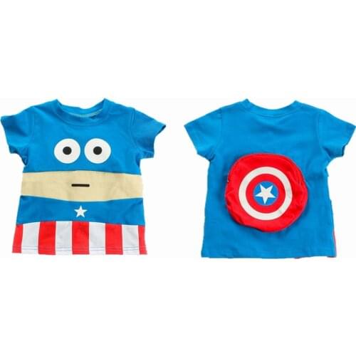 Kids Boy Superhero Captain T-Shirt Outfit Designer Back-Bag Costume O-neck Short Sleeve Tee Cool Boys Cotton Blue Tops Age 1-5