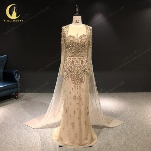 JIALINZEYI Rhine Elie Saab Brown Crystal Mermaid With Cape Fashion Luxuious vestidos formales New Evening dress 2021