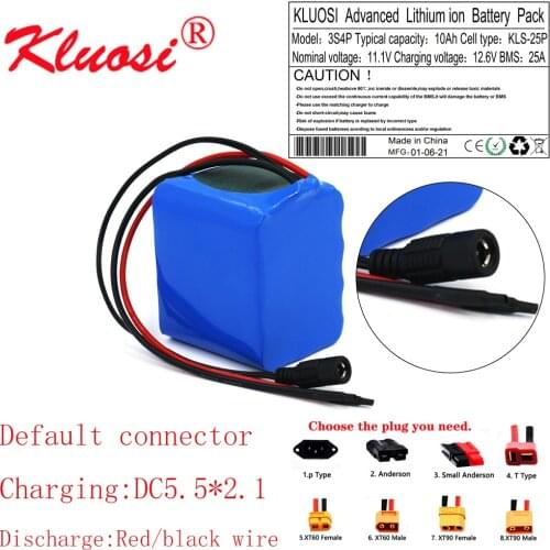 KLUOSI 12V 10Ah 250W 3S4P High Capacity 12.6V Li-ion Battery Pack with 25A BMS for LED Lamp Light Backup Power Electrical Tool