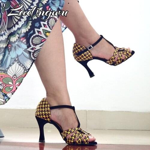 Ladingwu Dance Shoes Ballroom Printed Leather Latin Dance Shoes Women Profession Salsa Dance Shoes 2019 New Dance Sandals 9cm