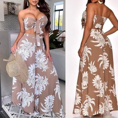 Womens New Fashion Flower Printed Strapless Wide Leg Pants Two-piece Suit Jumpsuit Romper Playsuit