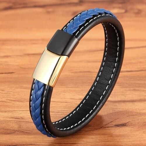 Hot Sale Stainless Steel Clasp Mens Bracelet Blue Black Leather Braided Wrap Bracelets Christmas Gift DIY Customization