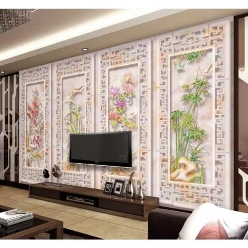 Custom Any Size Mural Wallpaper Marble embossed plum orchid bamboo chrysanthemum living room TV Background Wall Mural Wall Paper