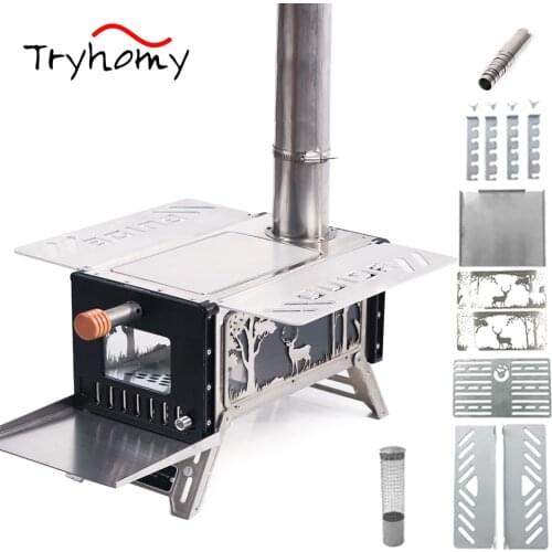 Portable Camping Tent Wood Burning Stove Ultralight Wood Stove with Chimney Pipes Multifunction Hiking Cooking firewood Stove
