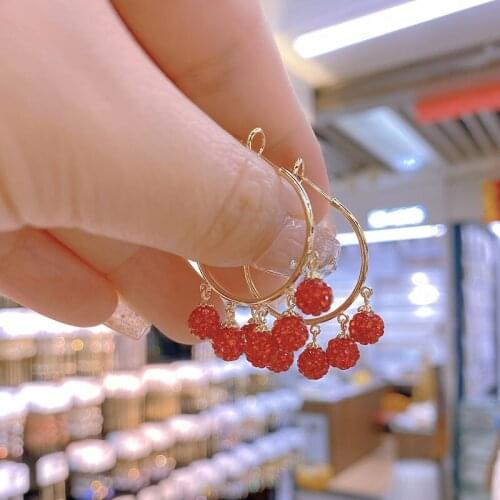 Earrings Red beads with studded rhinestone Fine jewelry New fashion Lovely Fancy Ornament серьги 2021 тренд бижутерия подросткам