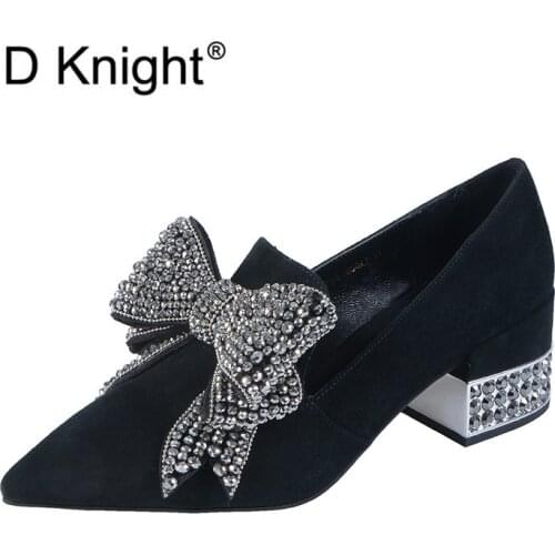Sexy Pointed Toe Women Pumps Shoes Fashion Crystal Bow Office Lady Black High Heels Shoes Slip On Comfortable Pumps Shoes Woman
