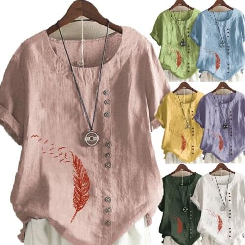 Womens New Fashion Summer Feather Printed Round Neck Short Sleeve T-shirt Casual Loose Solid Color Blouse Tops Plus Size