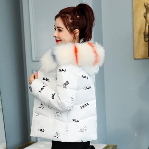 Fad Womens Winter Jacket Printing Hooded Short Style Female Cold Coat Plus Size Loose Korean Style With Fur Collar Thick Parka